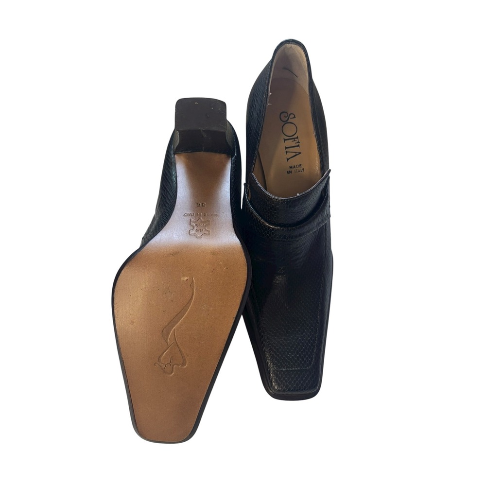 Sofia 3.5" Heeled Loafers Square Toe Leather Pumps Black Made in Italy Size 36 - Picture 2 of 9